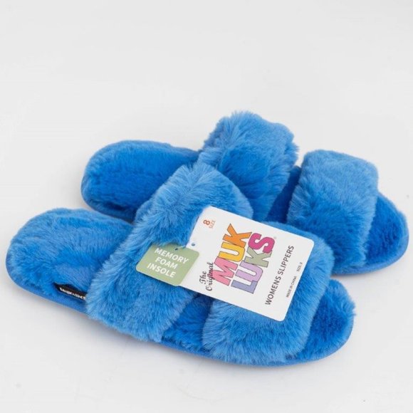 NWT Muk Luks Blue Double-Strap Plush Slippers - sz 8 - Picture 5 of 6